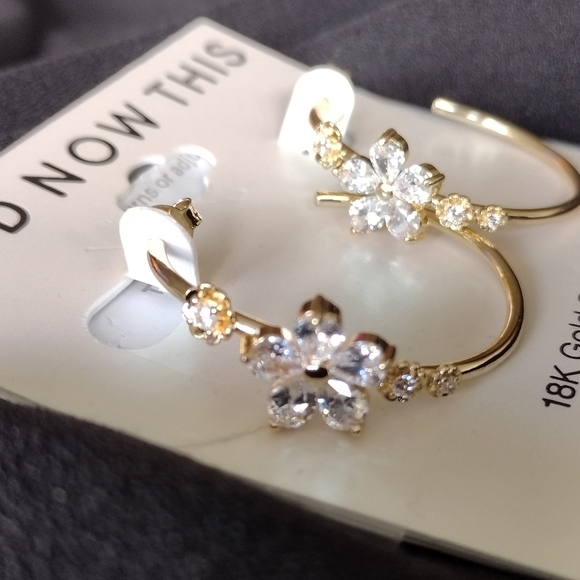 And Now This Gold Hoop Earrings with Crystal Floral Accents NWT - Picture 2 of 6